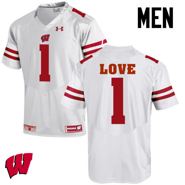 Men Wisconsin Badgers #1 Reggie Love College Football Jerseys-White - Click Image to Close